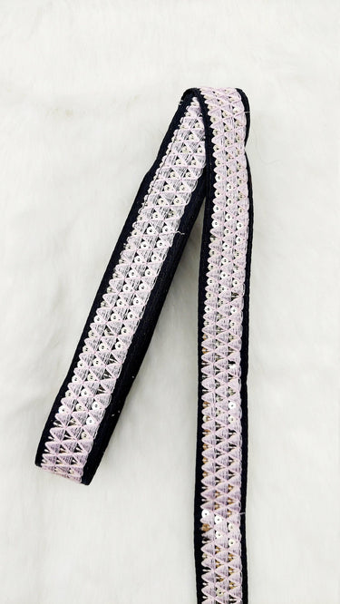Black Cotton Fabric Lace Trim with Pink Thread and Gold Sequins Embroidery, Decorative Trim, Bohemian Trim